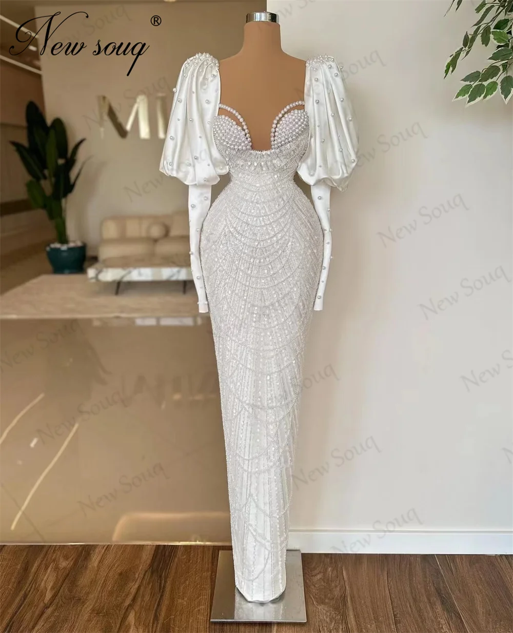 

Elegant Ivory Pearls Evening Dresses Long Sleeves Arabic Dubai Mermaid Prom Gowns Robes De Soiree Coutures Cocktail Party Dress