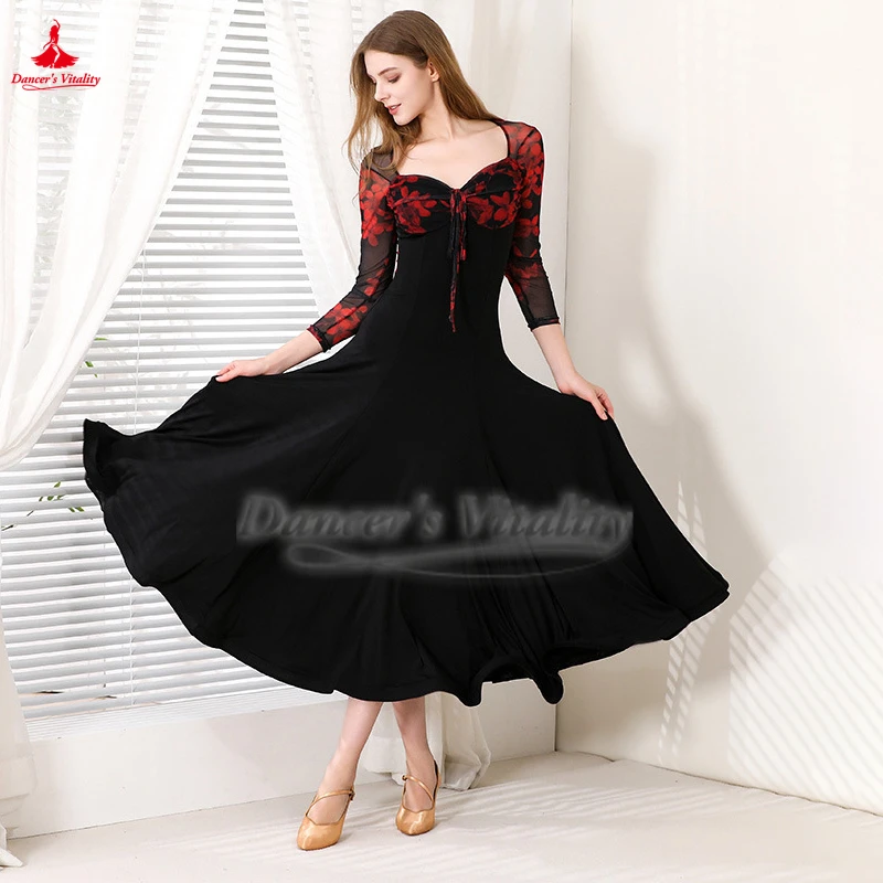 

Бальные танцы, рукава средней длины, красные и зеленые цветы, тренировочное платье с принтом, одежда для взрослых, вальс, фокстрот, танго, квикстеп