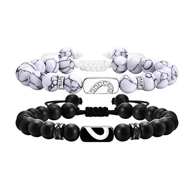 Couple Bracelets Agate White Turquoise Stainless Steel Stone Beaded Adjustable Braided Bracelet For Women Mens Husband Wife Gift image 2