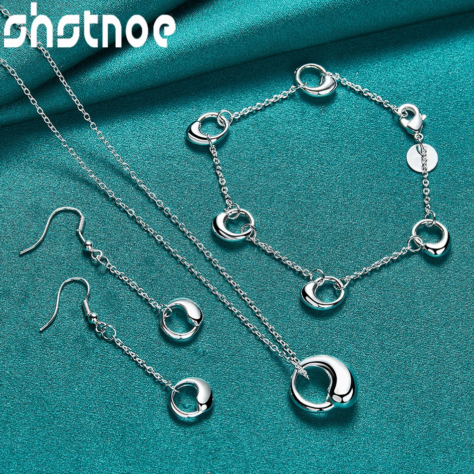 SHSTONE 925 Sterling Silver 3/PCS O-chain Circle Pendant Necklace Bracelet Earring Series Set For Woman Wedding Party Jewelry