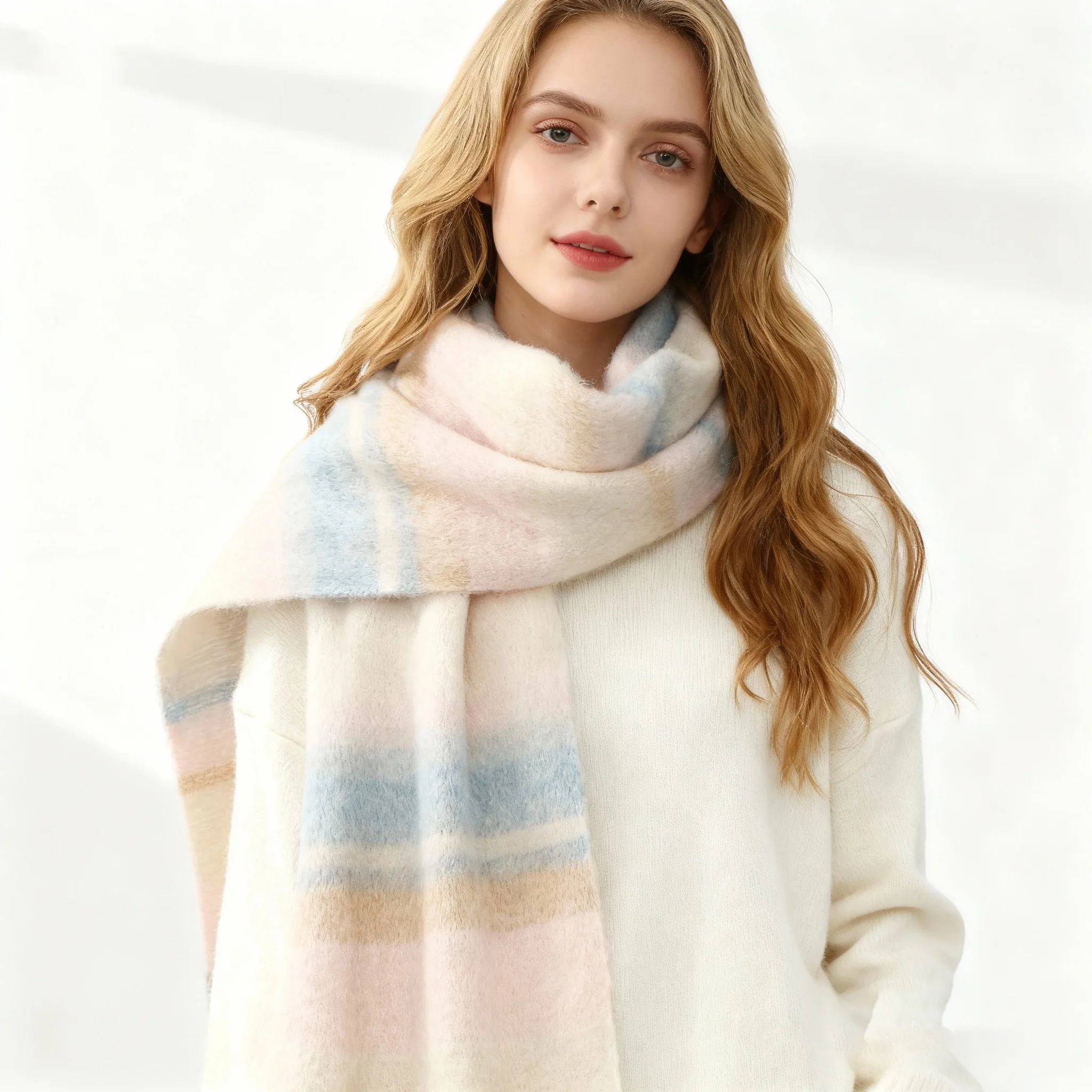 

Женский толстый теплый зимний шарф, шаль, мягкий, уютный, универсальный, длинный, в полоску, с кисточками, уличный ветрозащитный шейный платок 180*30 см