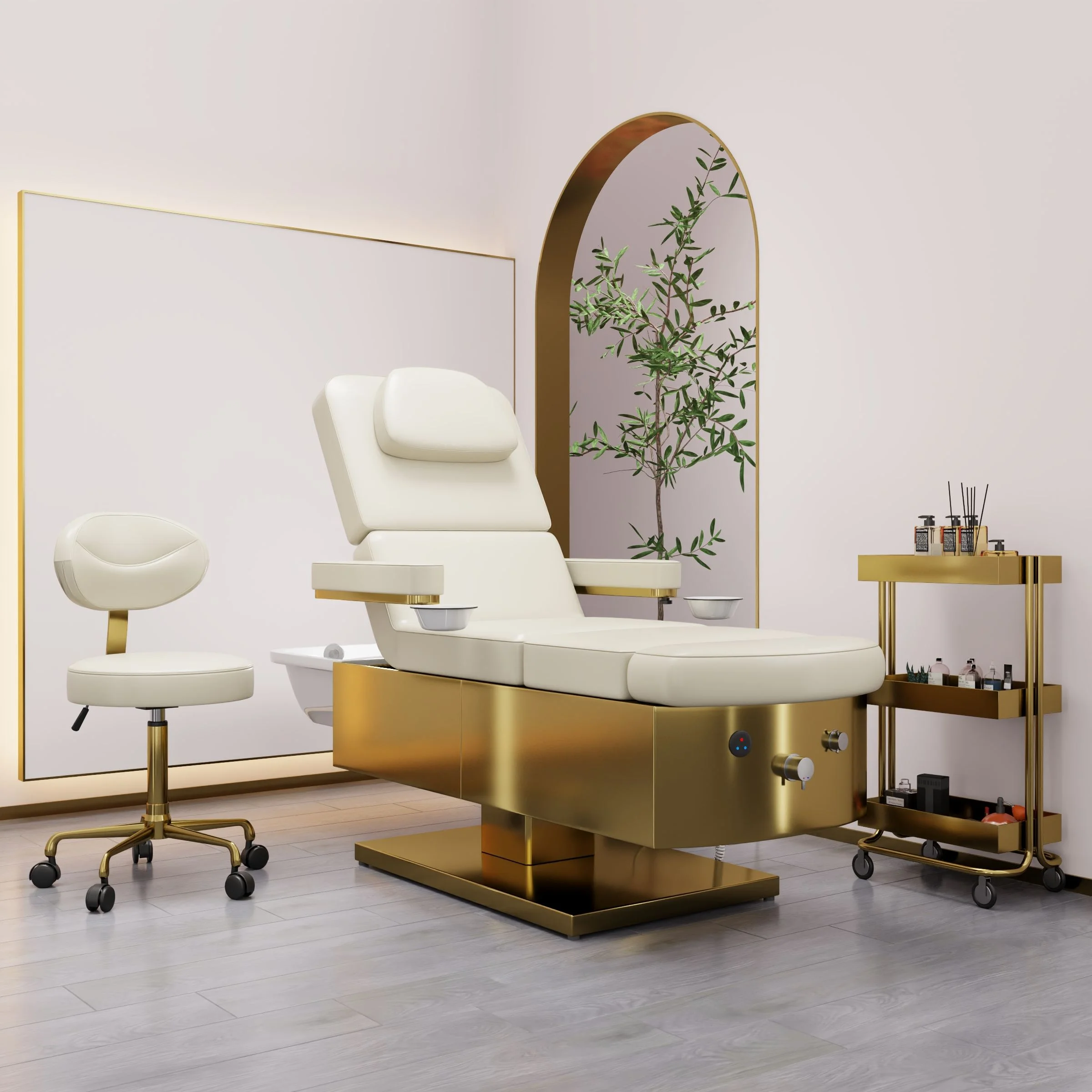 Luxury Gold Stainless Steel Frame Head Spa Therapy Washing Bed Electric Massage Table Bed with Foot Bath