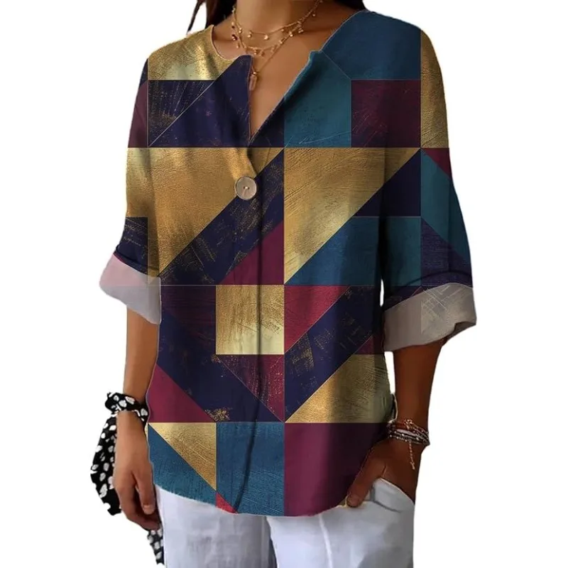 

Summer and autumn women's button floral print shirt for 2025, comfortable, breathable, loose-fitting, casual V-neck women's top.