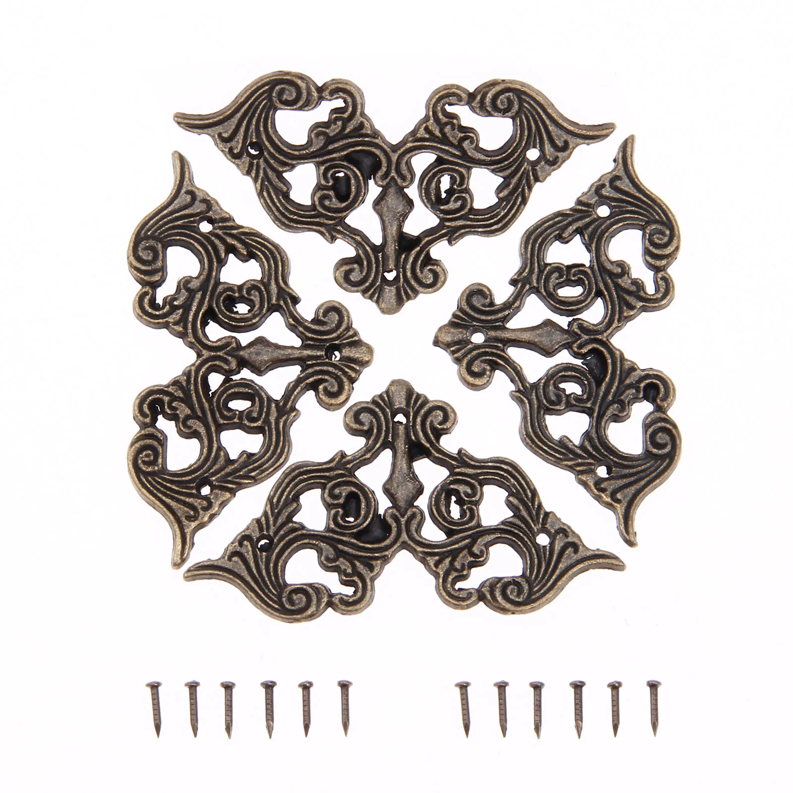 4pcs Hollow Corner Protectors Antique Bronze Lace Butterfly Patch Jewelry Box Feet Wood Gift Case Desk Leg Alloy 62mm w/nails