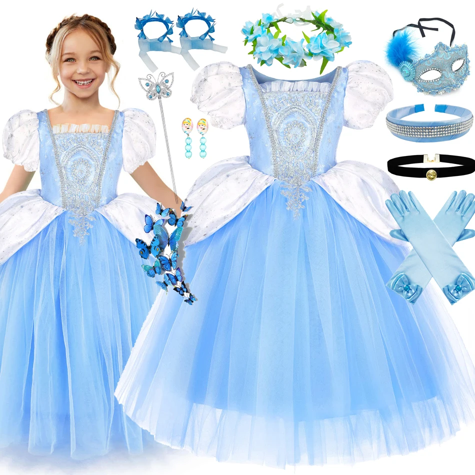 

Girl Cinderella Cosplay Princess Halloween Dress Luxury Tulle Ball Gown Costume Kid Birthday Carnival Party Role Playing Clothes