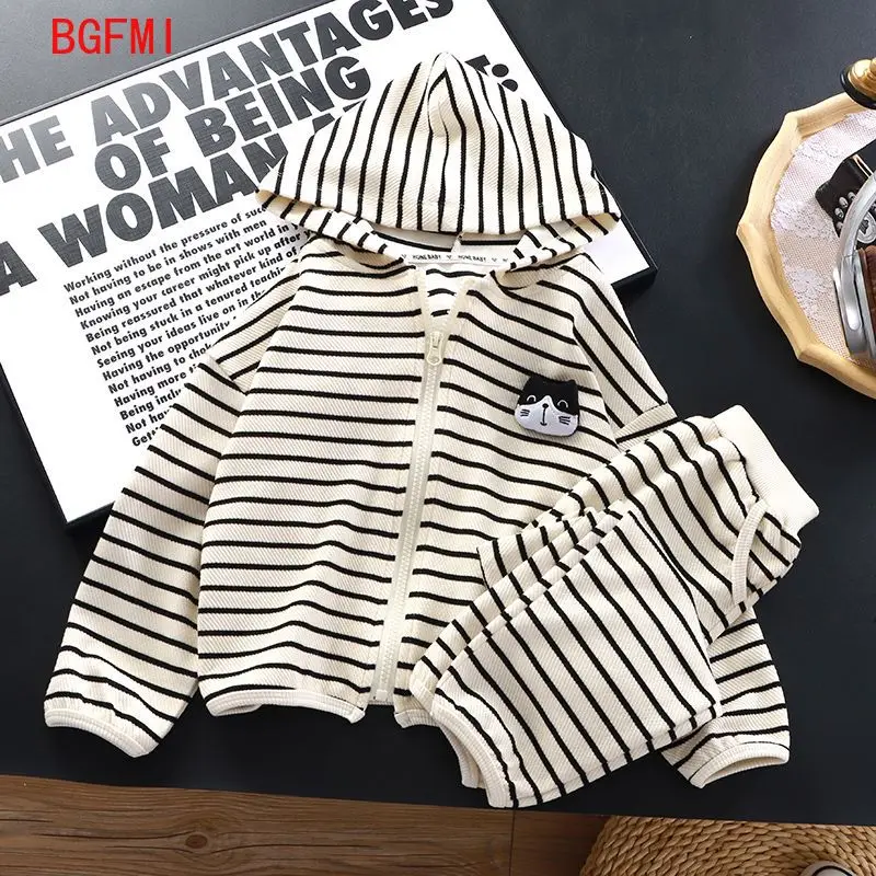 Spring Autumn Boys Girls Casual Striped Hooded Sweatshirt Cartoon Zipper Jacket + Pants 2-pcs Set 2-10Y Children's Tracksuit