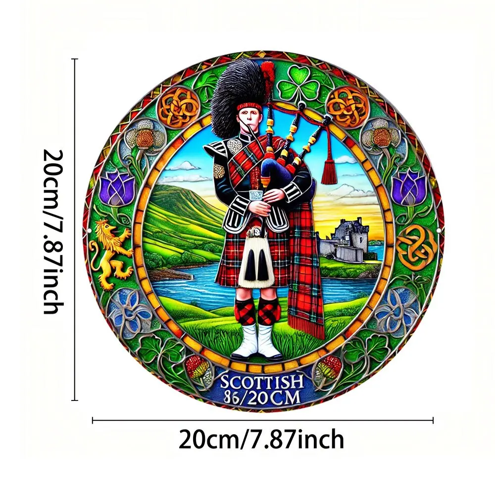 2D Flat, 1pc Vintage Scottish Bagpiper Aluminum Wall Plaque - 8x8 Inch Celtic Knot & Stained Glass Border Decor, Housewarming Gi