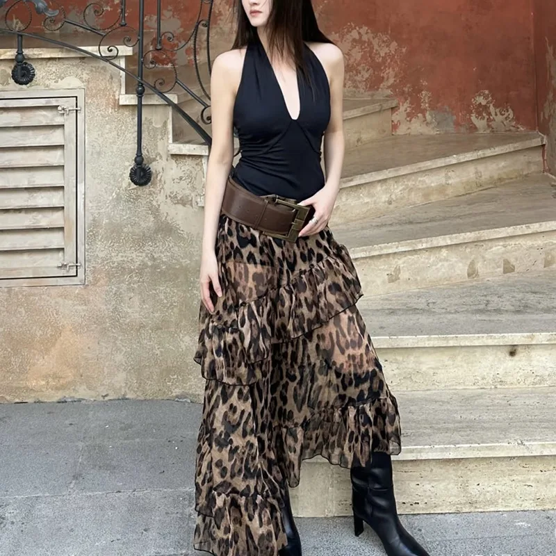2026 New Summer Women's Streetwear Leopard Print High Waist Ruffle Layered Midi Skirt Loose Flowy Chiffon Skirt for Women