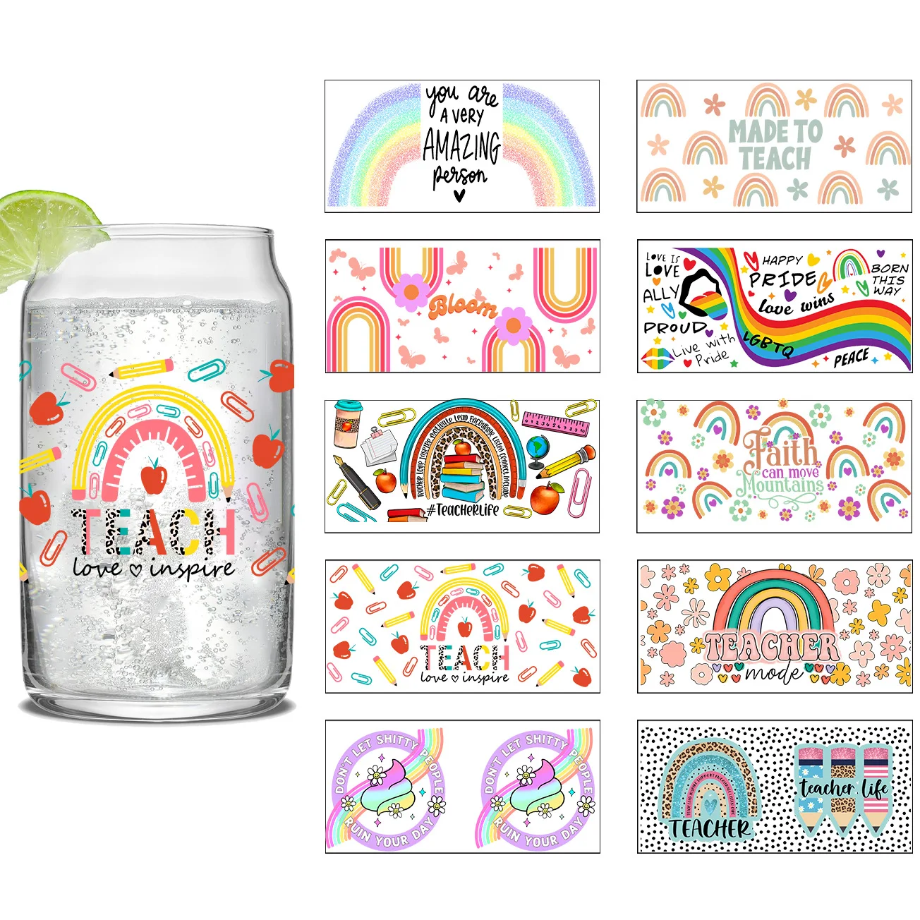 Rainbow series Easy peel waterproof DIY Decals 3D transfers uvdtf crystal stickers 16oz uv dtf cup wraps for Glass