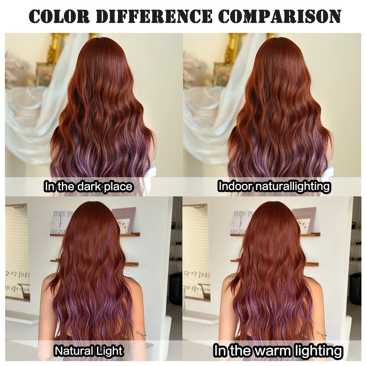 7JHH WIGS Long Water Wavy Copper Highlight Purple Wig for Women Modest Fashion Synthetic Middle Part Wigs with Curtain Bangs - view 6