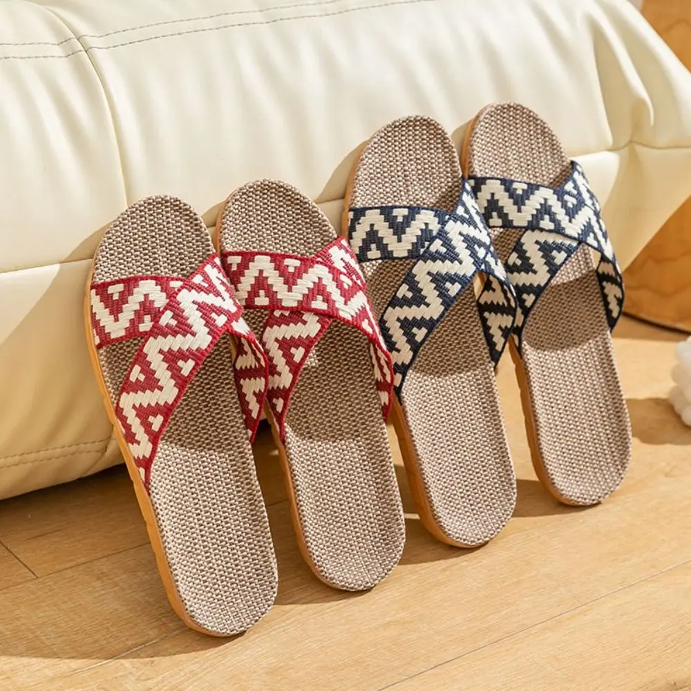 Fashion Ethnic Style Linen Cross Slippers Flax Soft Slides Sandals Non-Slip Shoes Slipper Women Men Indoor view 4