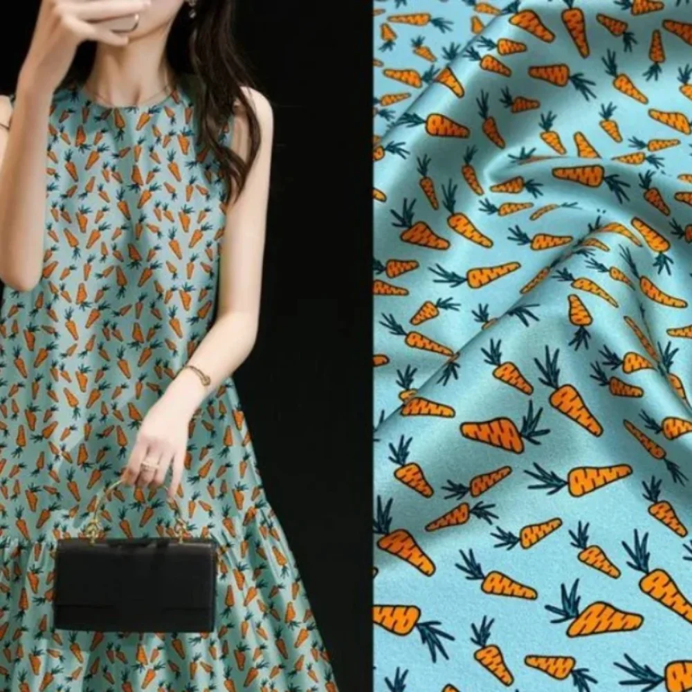 

Шелковая эластичная саржевая ткань с принтом моркови, милый узор, шелковый шелковый костюм на весну и лето, рубашка, удобная ткань