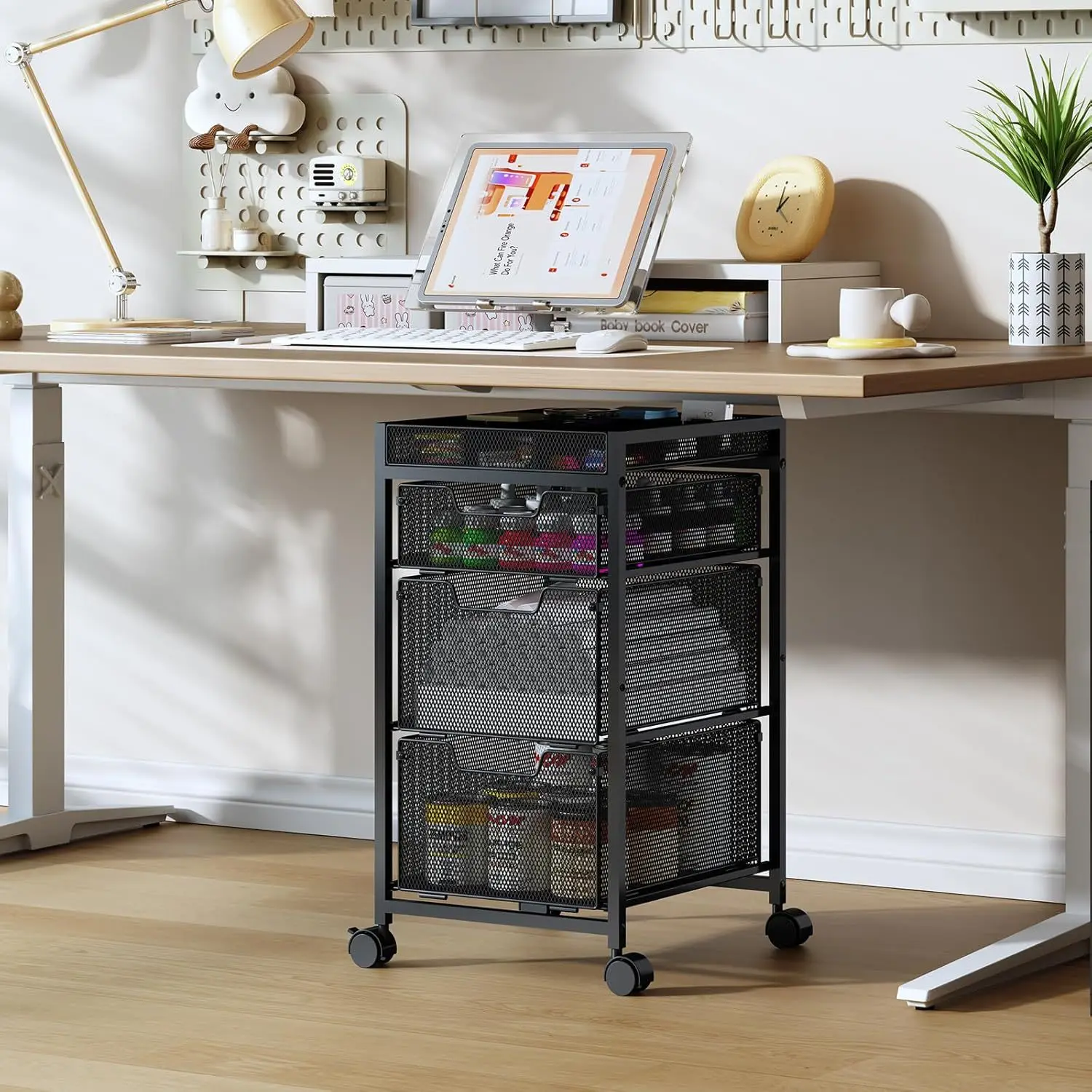 Cross-border rolling utility car with three drawers storage cart sub-baffle multi-function storage art supplies spot