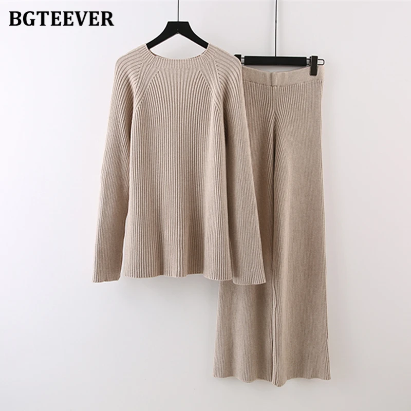 BGTEEVER Women 2 Pieces Sweaters Set Winter O-neck Long Sleeve Knitted Jumpers Female Wide Leg Pants Ladies Knit Tracksuits