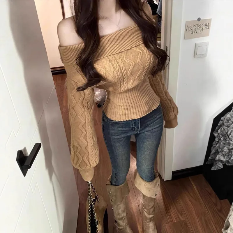 Autumn Winter Women Off Shoulder Turtleneck Sweater Cable Knit Slim Pullover Long Sleeve Soft Warm Jumper Korean Knitwear Top