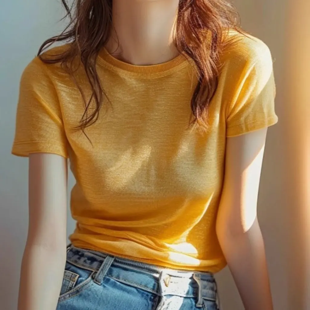 

Women's Yellow Knitted Short-Sleeved T-Shirt French Style round Neck High-End Fashion Top Beautiful Shoulder Design