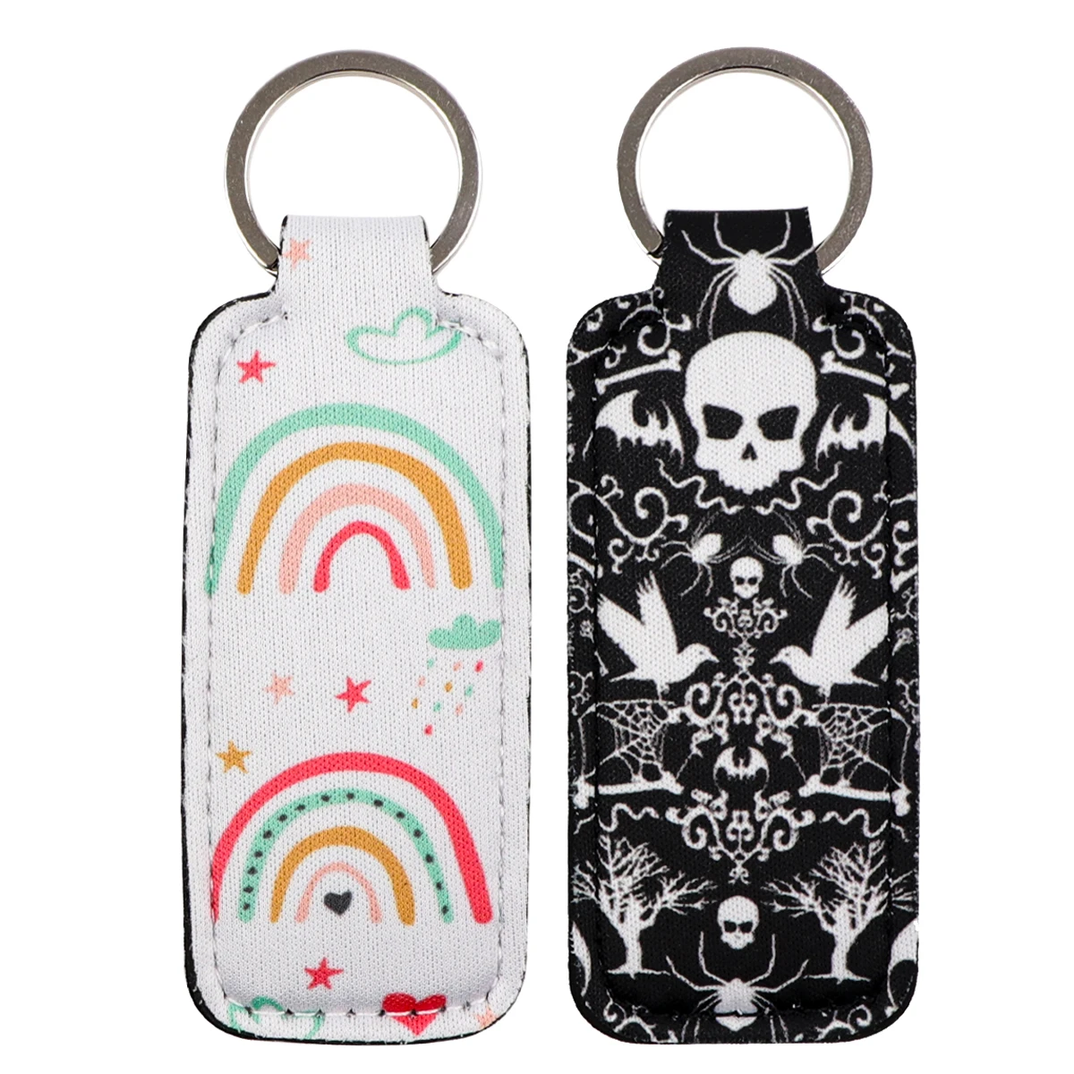 Halloween Skull Clip on Lipstick Holder Keychain Rainbow Gay Print Keyring Trendy Lip Balm KeyChain Bag Charm Travel Accessories