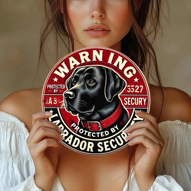 Vintage Labrador Security Warning Metal Sign - 19.81cm Round Aluminum Wall Art, Easy to Install, Ideal for Home, Bar, Cafe, Gara