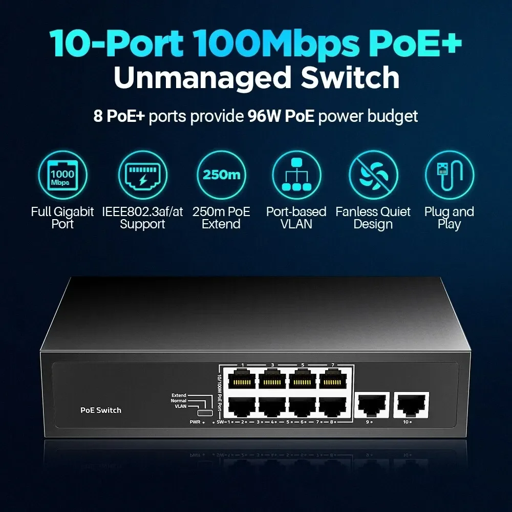 AMPCOM 8 Port PoE Switch 100Mbps/8 PoE+ Port,2 Ethernet Uplink,120W 802.3af/at 30W 15W, Extend Function, Fanless Metal Unmanaged