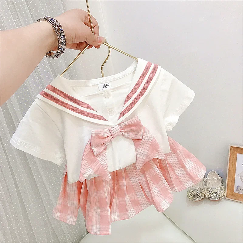 

Summer Children Suit Girls 2 Pieces Sets Short Sleeve Top+ Pleated Skirt Suit Sailor Collar Baby Girl Baby JK Sets Girl Clothes