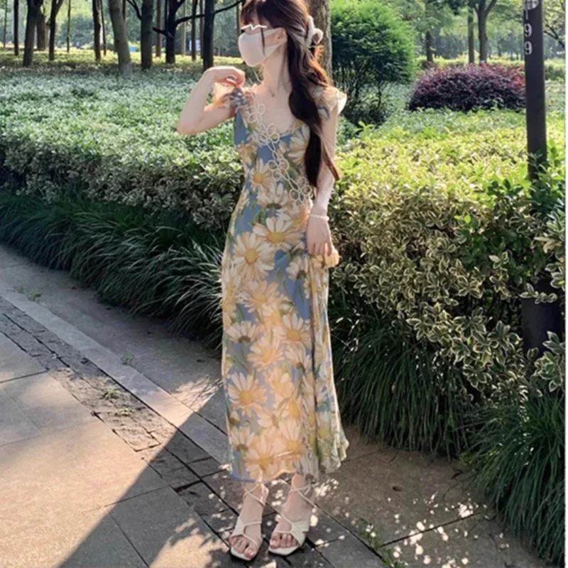 

Sweety Style Floral Printed Oil Painting One Neck Flying Sleeve V-Neck Slim High Waisted Botanical Women Fashion Trendy Dresses