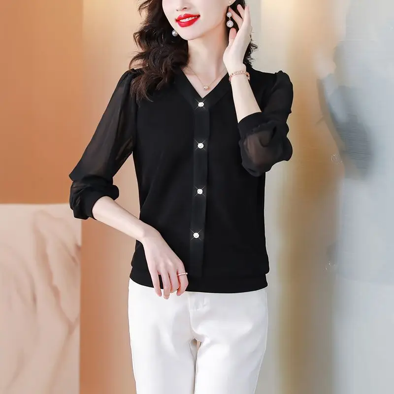 Korean Women Spring Summer Long Sleeve Chiffon Shirt Black V-neck Loose Fashion Casual Versatile Office Lady Elegant Blouse 2023