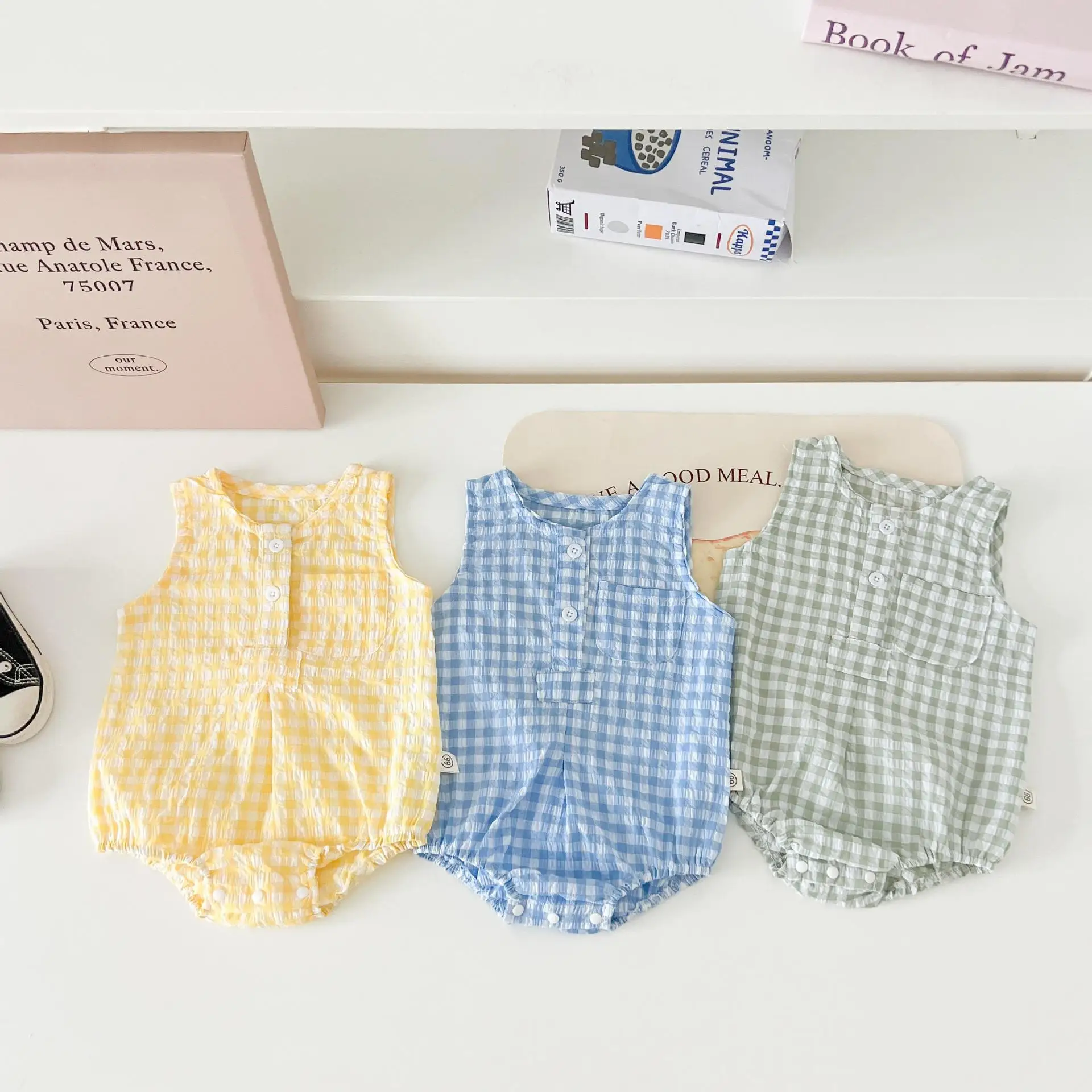 0-2 Y Baby Sleeveless Cotton Soft Breathable  Romper with Checkered Pattern Infant Onesie for Newborn Crawling Clothes