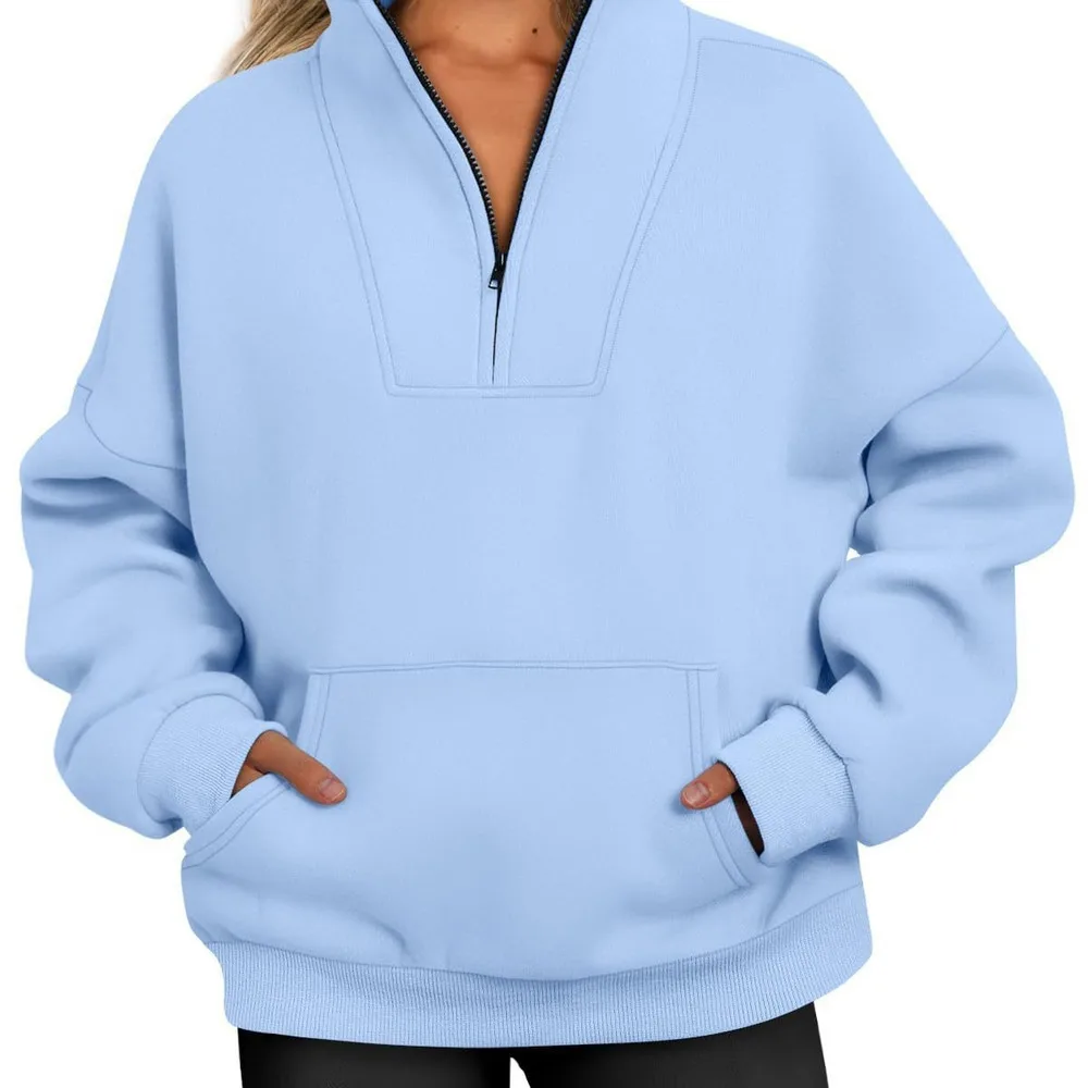 

2023 Fall Autumn Winter Womens Stand Collar Solid Color Zipper Pocket Hoodie Loose Fleece Warm Casual Pullover Top