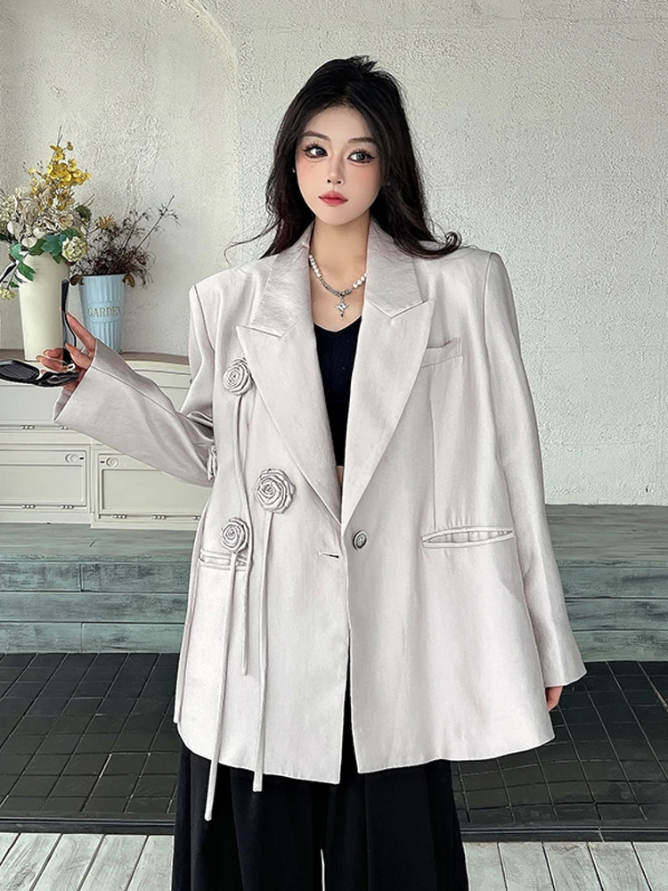Luxury 3D floral tassel Blazer Women's Loose Single button Jacket Light grey Casual 2025 Spring Autumn Coat Elegant INKEO 5O046