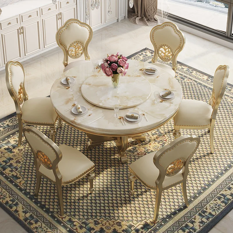 

American luxury solid wood dining table and chair combination 6 round marble turntable dining table champagne gold ivory ebony