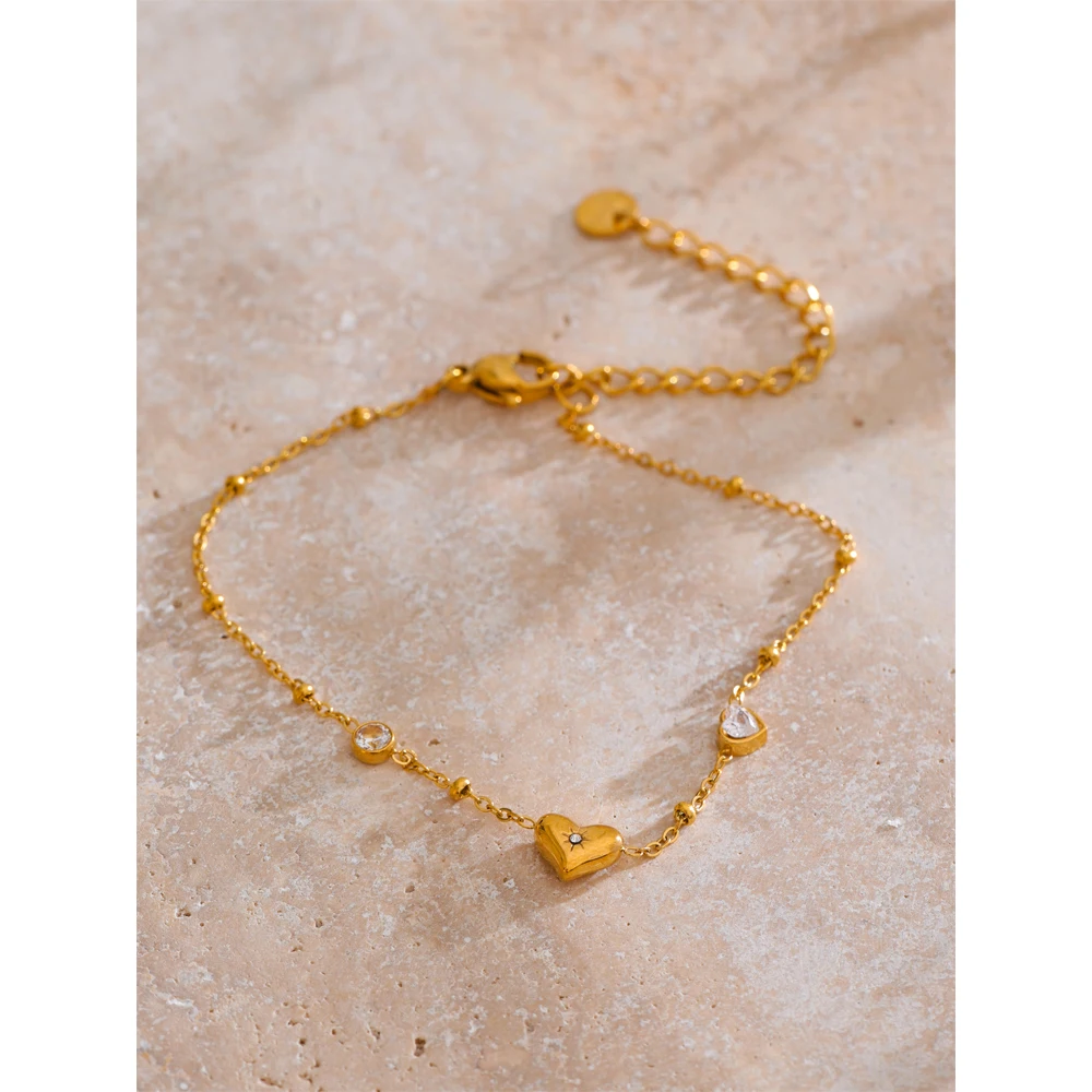 Yhpup Exquisite Stainless Steel Zircon Heart Love Chain Bracelet Bangle for Women Rust Proof Charm Wrist Jewelry Accessories