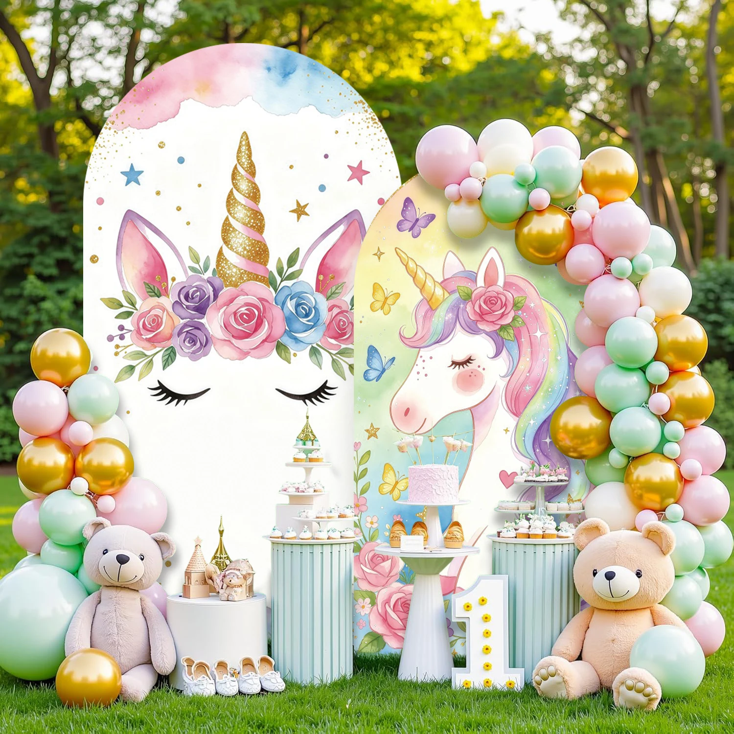 

Rainbow Unicorn Arch Cover Background for Sweet Girls Birthday Party Decoration Baby Shower Sparkling Starlight Arched Backdrop