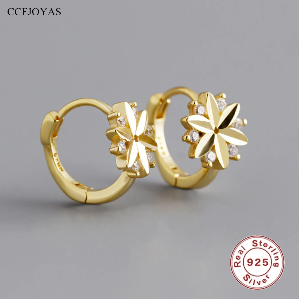 

CCFJOYAS 100% 925 Sterling Silver Zircon Flower Hoop Earrings for Women European and American Simple INS 18k Gold Plated Jewelry