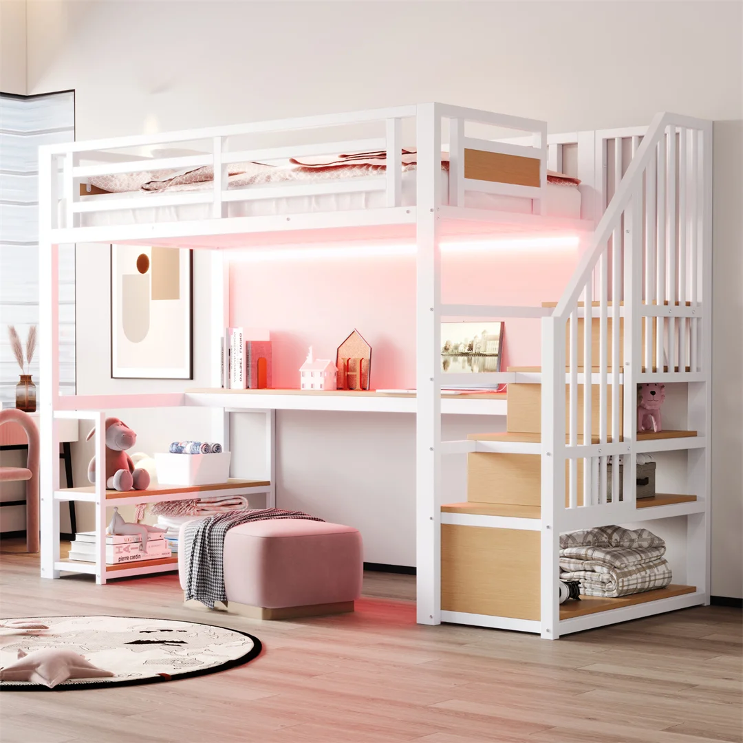 Cama individual, cama juvenil, 90*200cm, con estante de almacenamiento, estructura de metal, con estructura metálica para un soporte estable