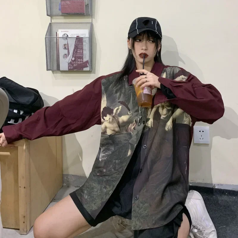 Neploe Vintage Angel Print Blouse Shirt Japanese Streetwear Blusas Cardigan Long Sleeve Oversized Tops Women Men Clothes Blusas