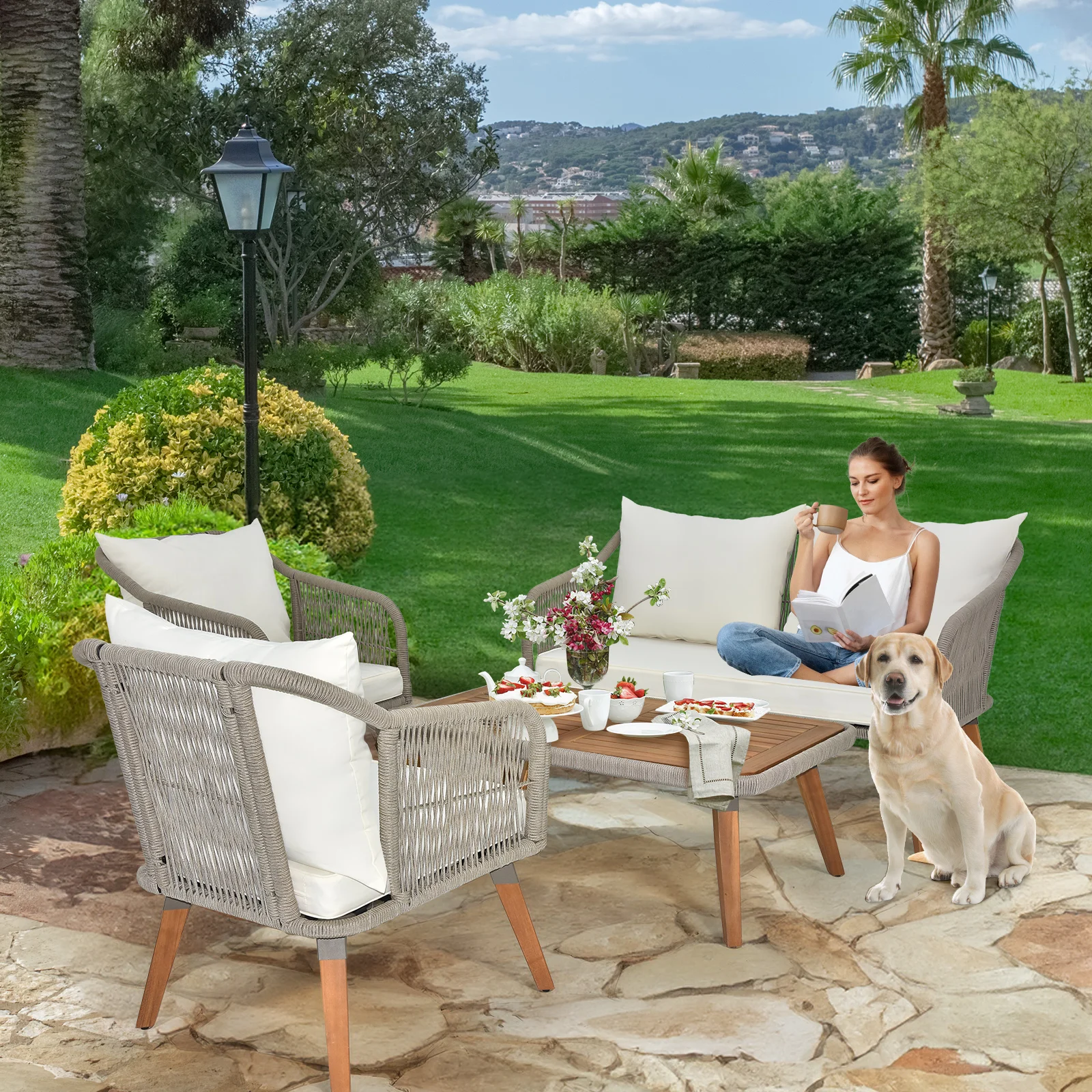 4 Piece Patio Furniture Set, Outdoor Acacia Wood Conversation Set, All-Weather Rope Sofa Set