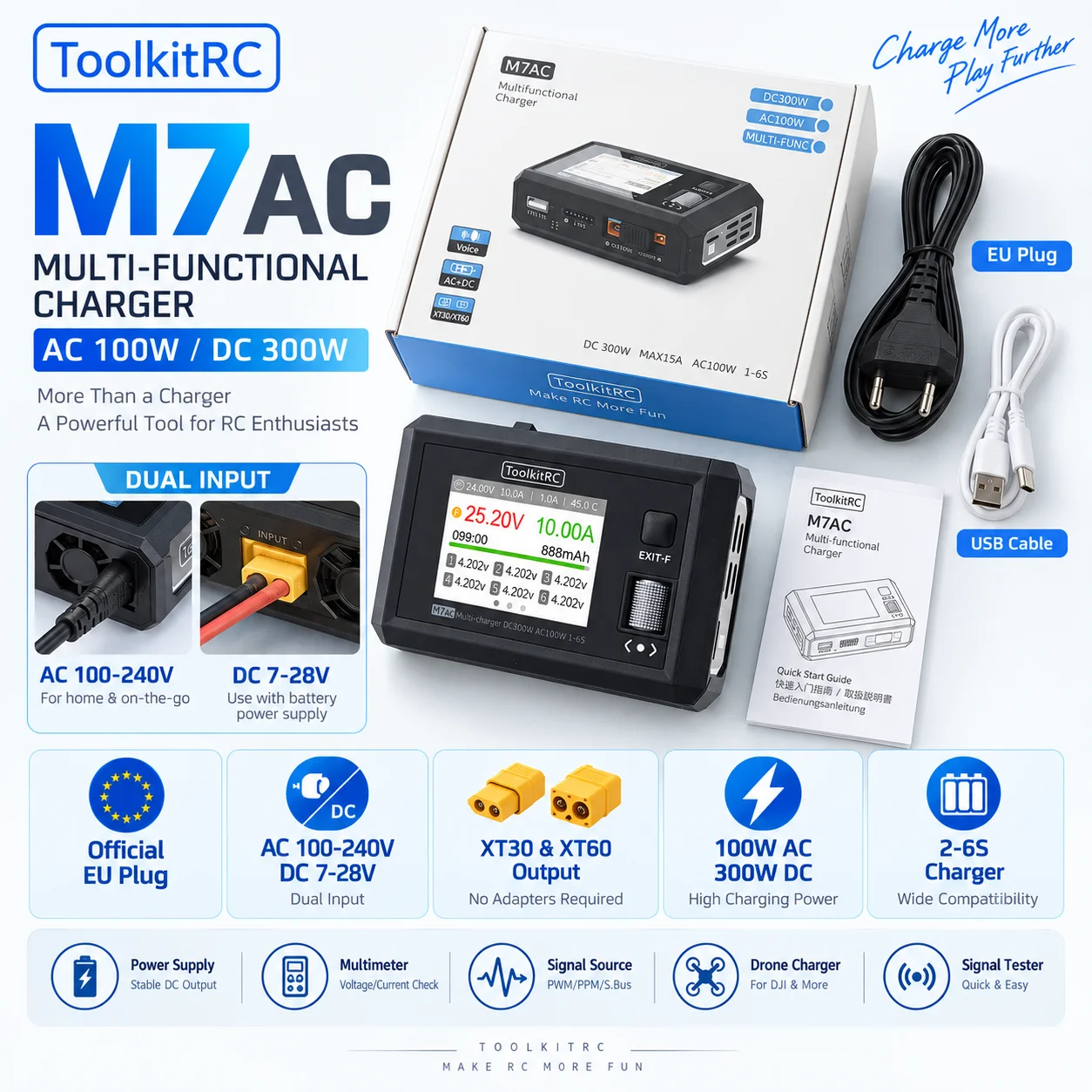 ToolkitRC M7AC Smart Balance Charger 100W AC /300W DC Input XT60 XT30 Dual Output for 2-6S RC Model Drone Lithium Battery Charge