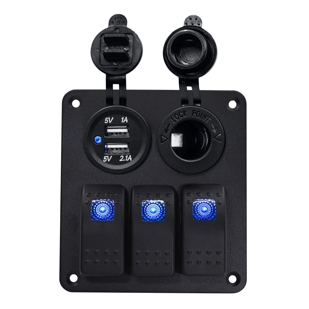 Boat Marine Rocker Switch Panel 3 Gang Waterproof on Off Toggle Switches with Digital Voltage Display 3.1A Dual USB Power Charge
