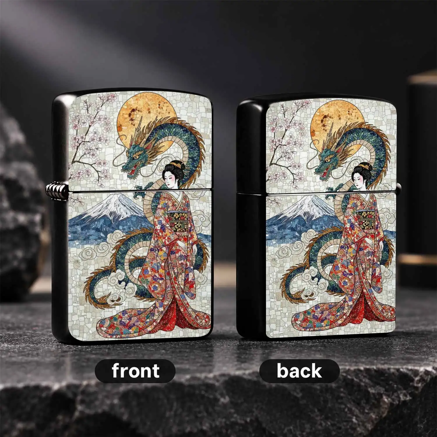 Japanese Ukiyo-E Mosaic Style Lighter, Exquisite Pattern With Auspicious Dragon, Geisha, Mount Fuji And Cherry Blossom, Retro Portable Versatile Accessory, Ideal For Daily Use, Gifting And Personal Collection For Any Occasion A Humorous And