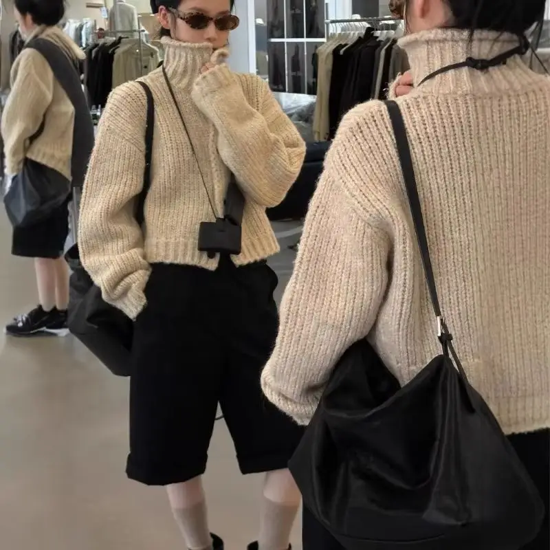 

Модный дизайн, однобортная куртка из толстой пряжи с высоким воротом, осенне-зимний новый вязаный кардиган, женская одежда