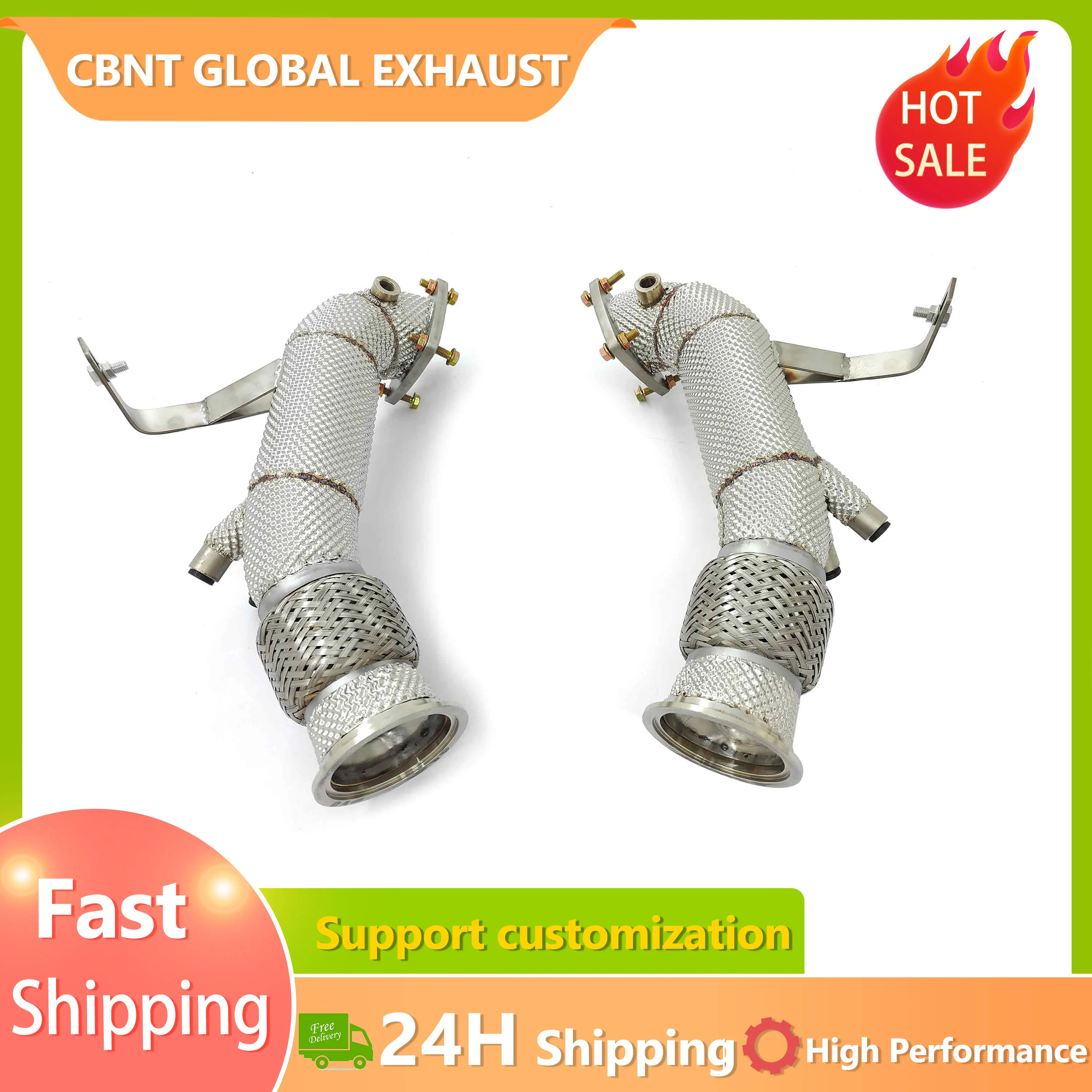 الأنابيب الأمامية CBNT لأودي R8 V10 5.2L جودة عالية SS304 تدفق حر الأنابيب الثانوية ماسورة العادم النازل مع درع الحرارة