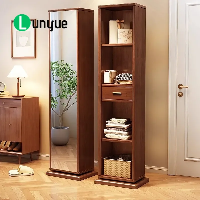 All Solid Wood Full Body Mirror with Locker Rotatable Floor to Ceiling Dressing Mirror Multi Functional Storage for Bedroom