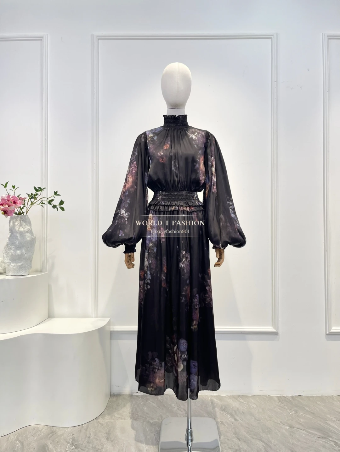 Black Floral Print Long Sleeve Blouse Tops and Midi Skirt Set 2025 New Design