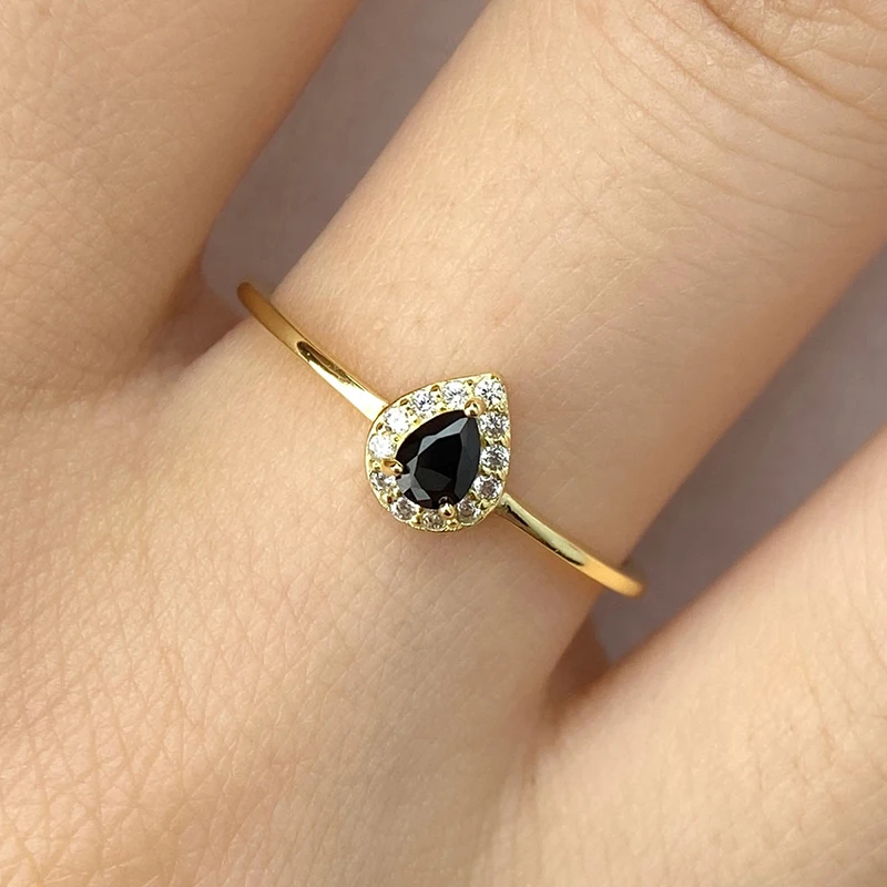 DWJ Zircon Water Drop Black Stone Rings for Women Gift Real 925 Sterling Silver Original Engagement Ring Gold Color Fine Jewelry