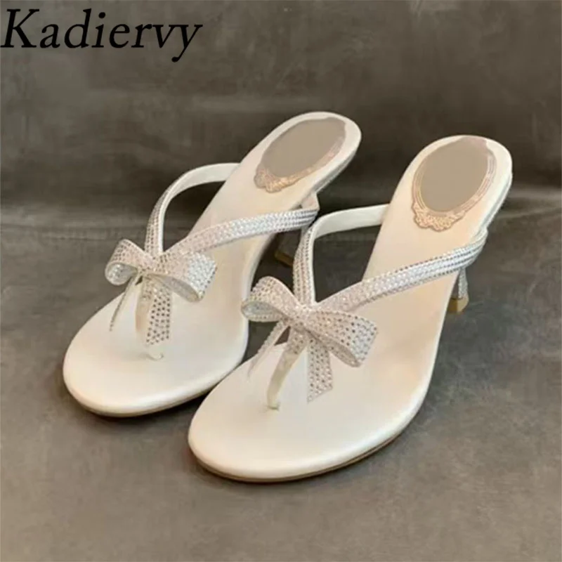 

Summer High Heels Slippers Woman Rhinestone Butterfly-knot Party Shoes Woman Flip-Flops Thin Heels Slides Crystal Sandals Women