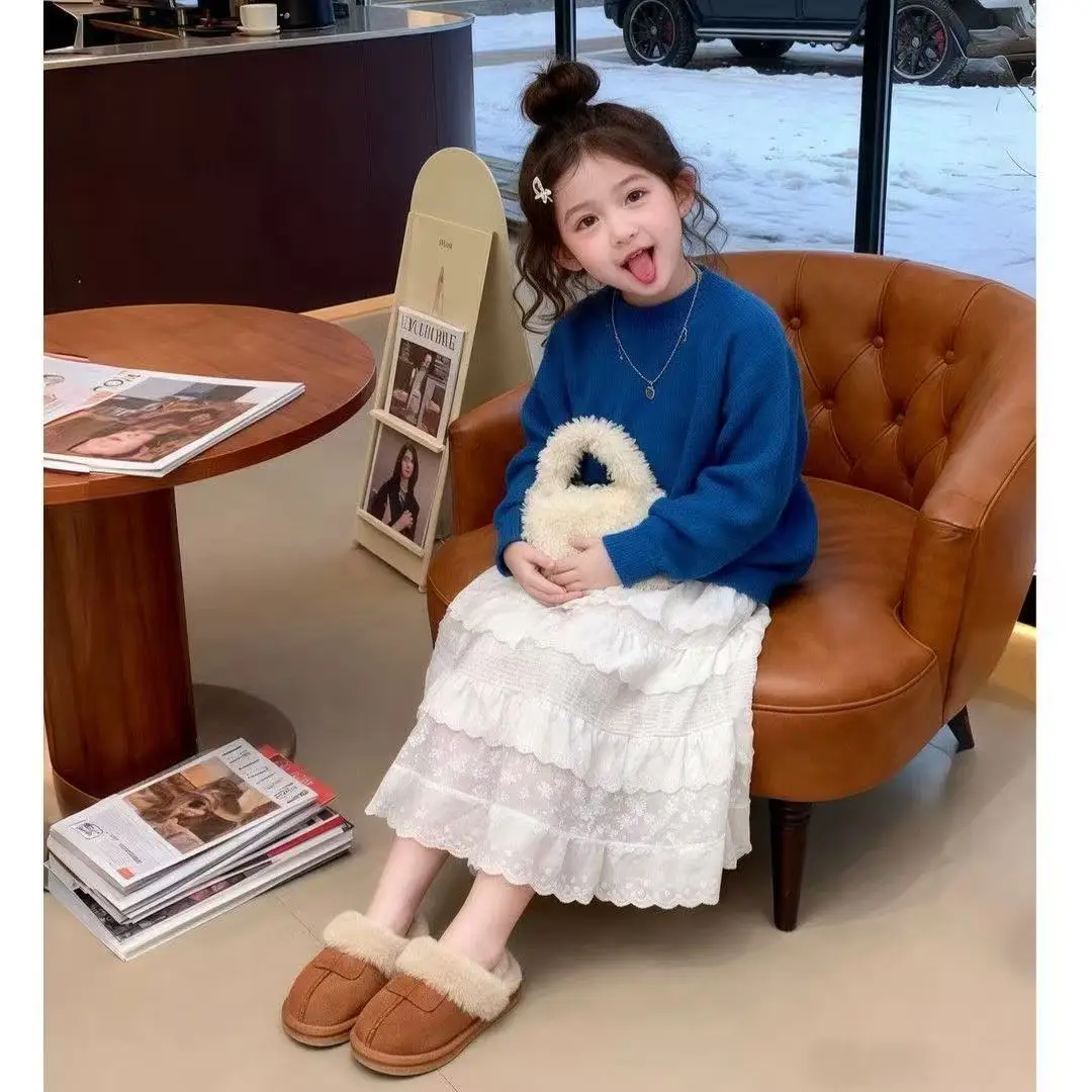 2026 New Winter Girls Sweater Skirt Set Blue Knitted Top Ruffle Hem Skirt 2 Piece Outfit Kids Fashion Clothing Toddler Suit