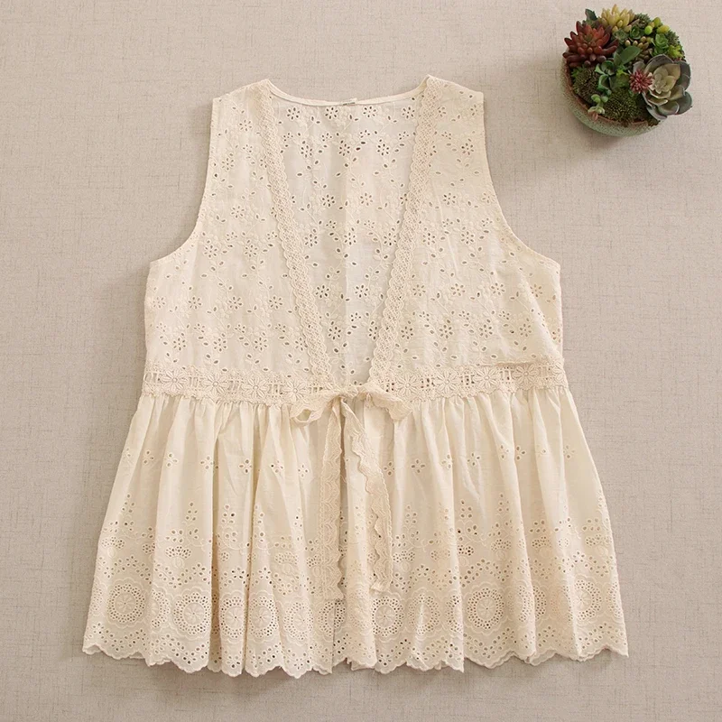 

Summer Japanese Sweet Mori Girl Hollow Out Embroidered Vest Top Women Sleeveless V Neck Cotton Tops