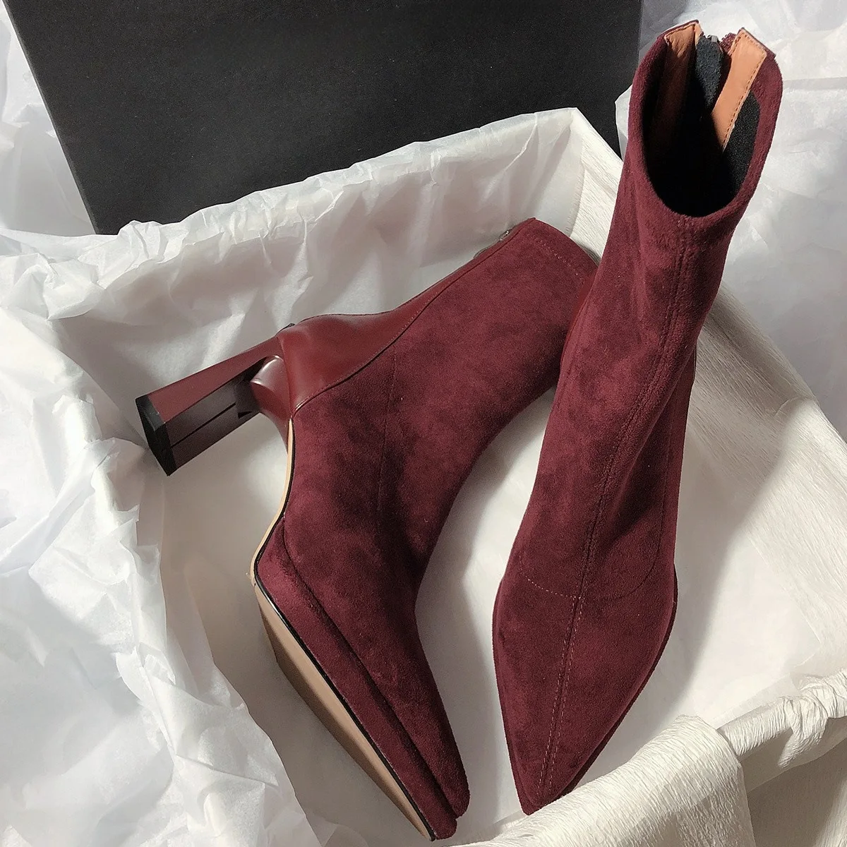 

Wine Burgundy Red Boot Maillard Beautiful Legs Skinny Boots Women Pointed Toe Thick High Heels Stretch Velvet Short Boots Zipper