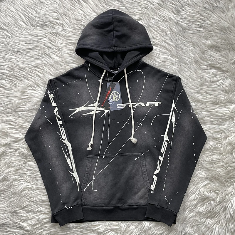 Hellstar Studios Classic Print Logo Hoodie Sweatshirt Street Style Retro Washed Straight Leg Fit Hooded Crew Neck Youth Fashion