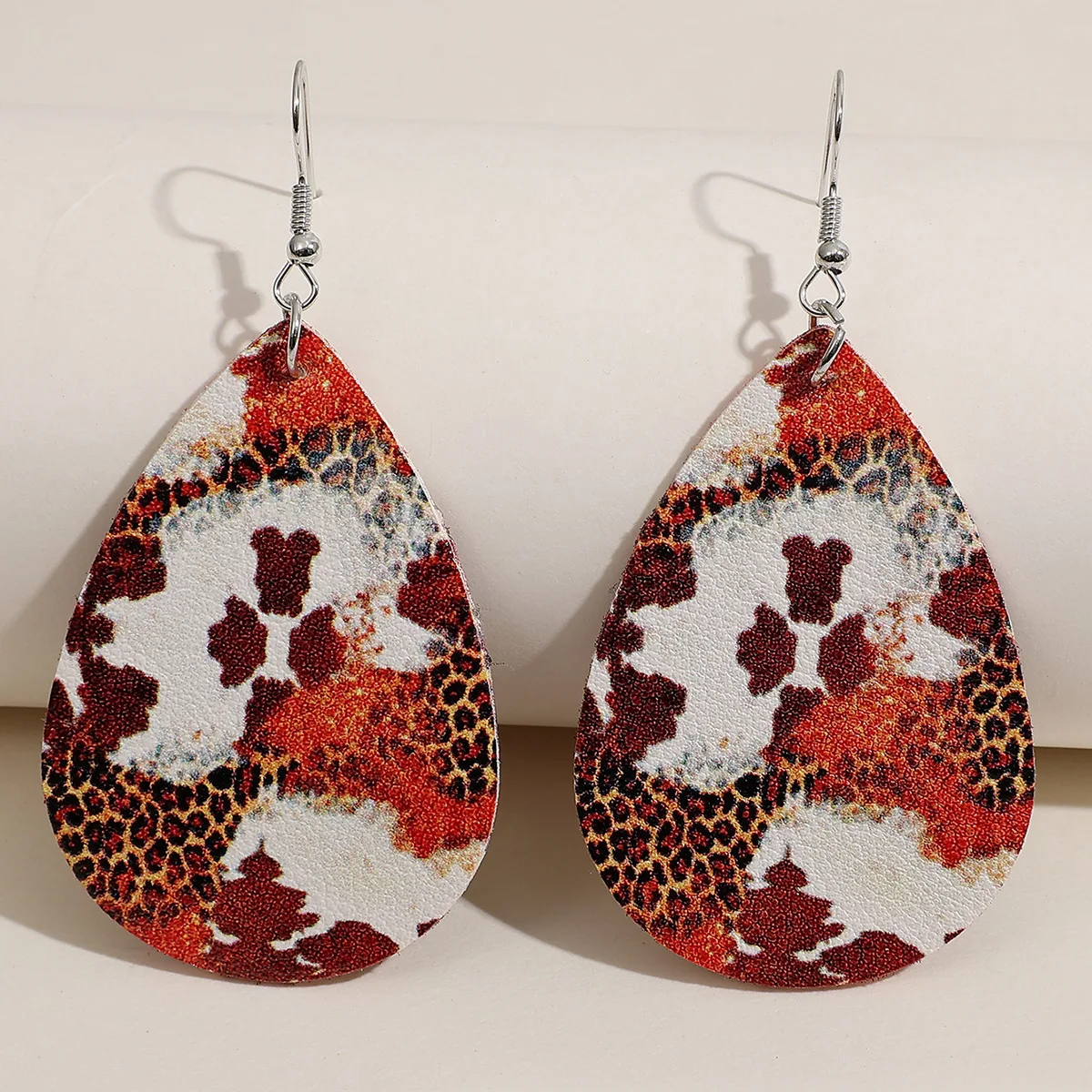 Accessories retro water drop-shaped leopard print leather earrings irregular printing double-sided earrings